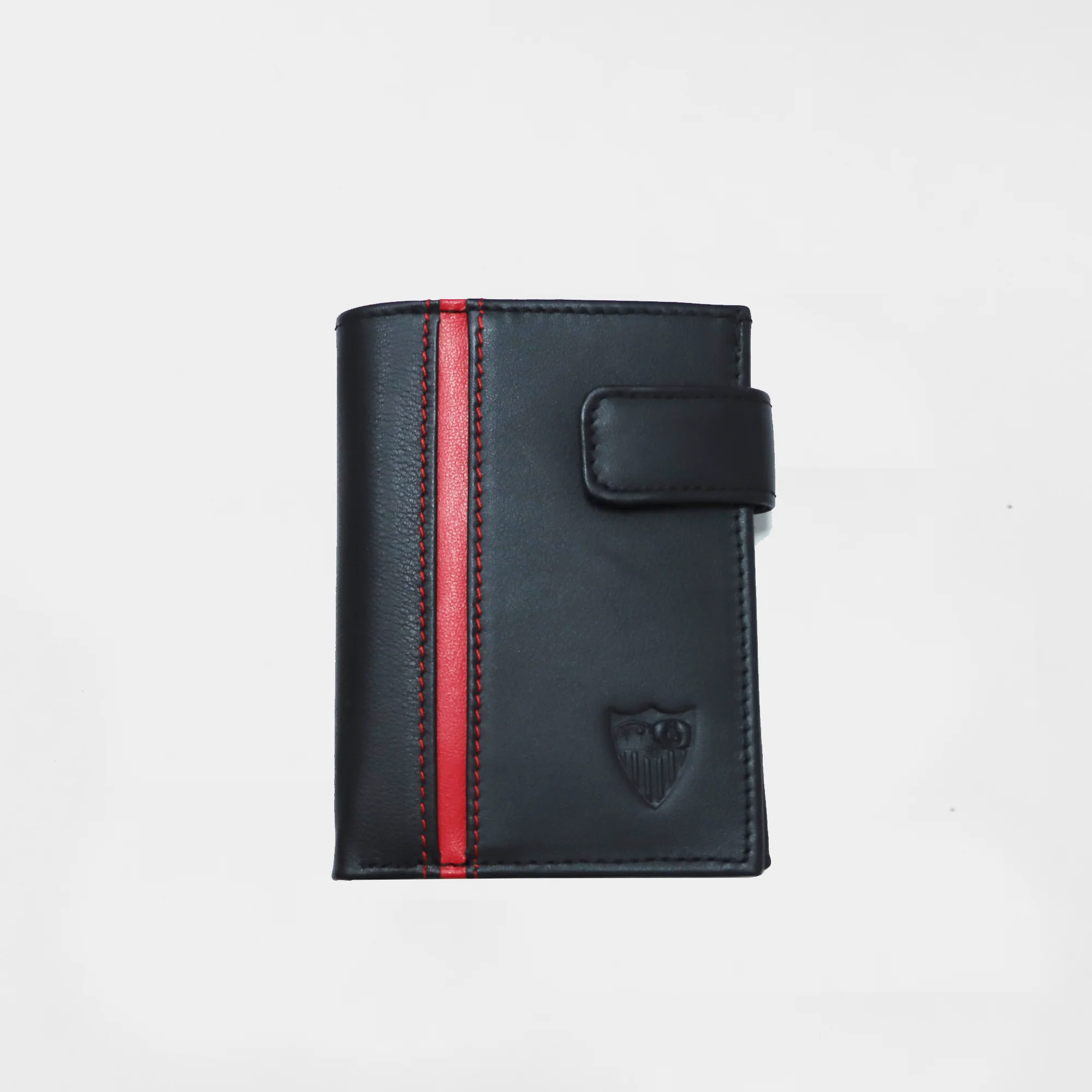 Cartera negra con vivo rojo con cierre piel