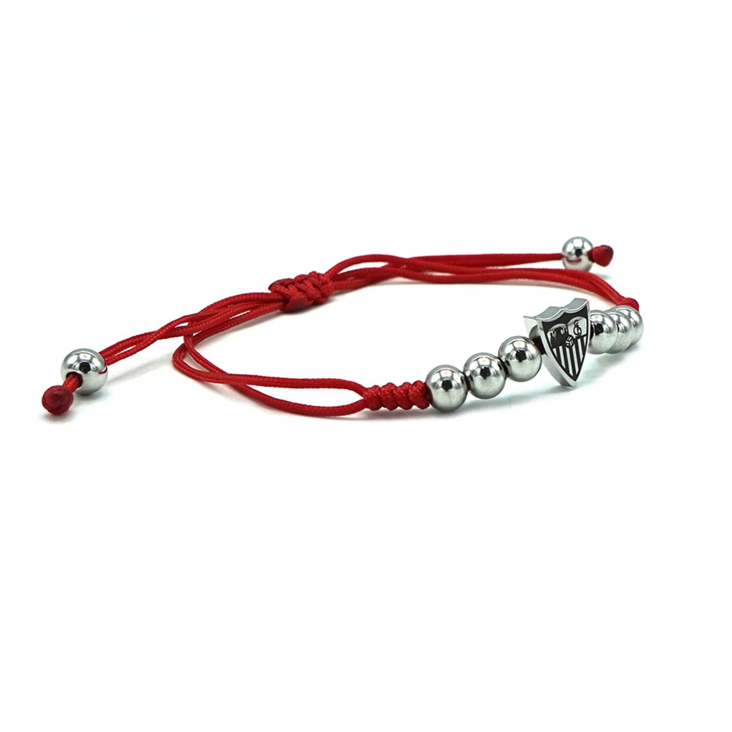 Pulsera acero bolas, escudo y macramé rojo - Image 2